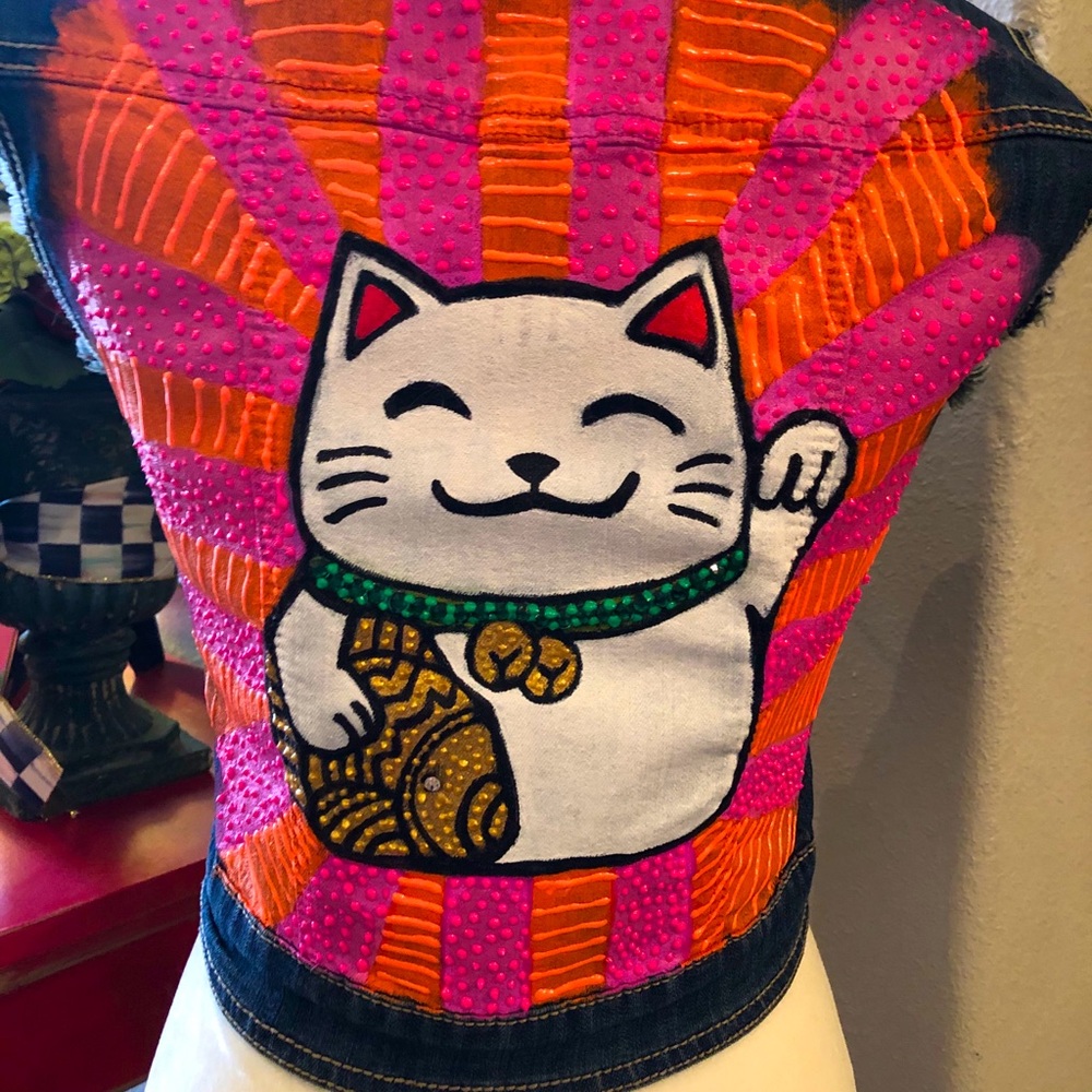 Hand painted denim jacket with Lucky Cat